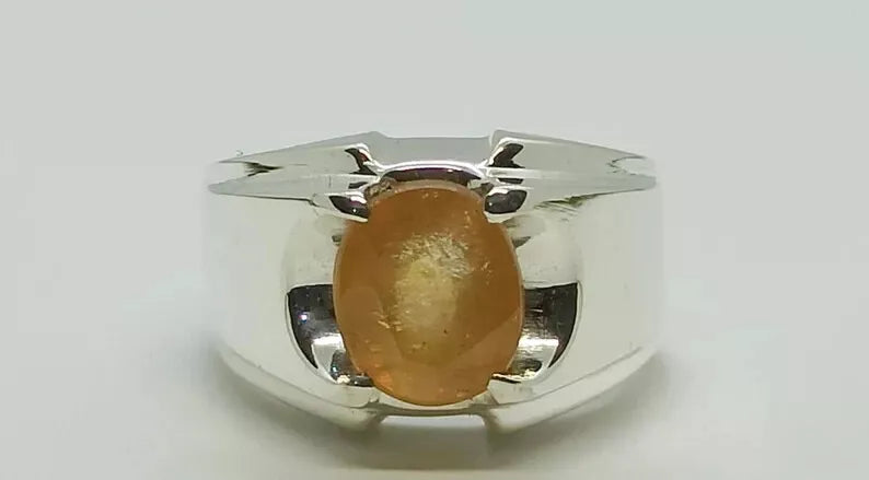 Natural Yellow Sapphire Men's Ring - Sterling Silver 925 Handmade Pukhraj Ring - Heavenly Gems