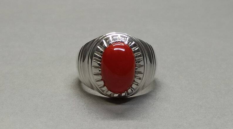 Natural Deep Red Australian Coral Mens Ring Sterling Silver 925 Dark Red ring - Heavenly Gems
