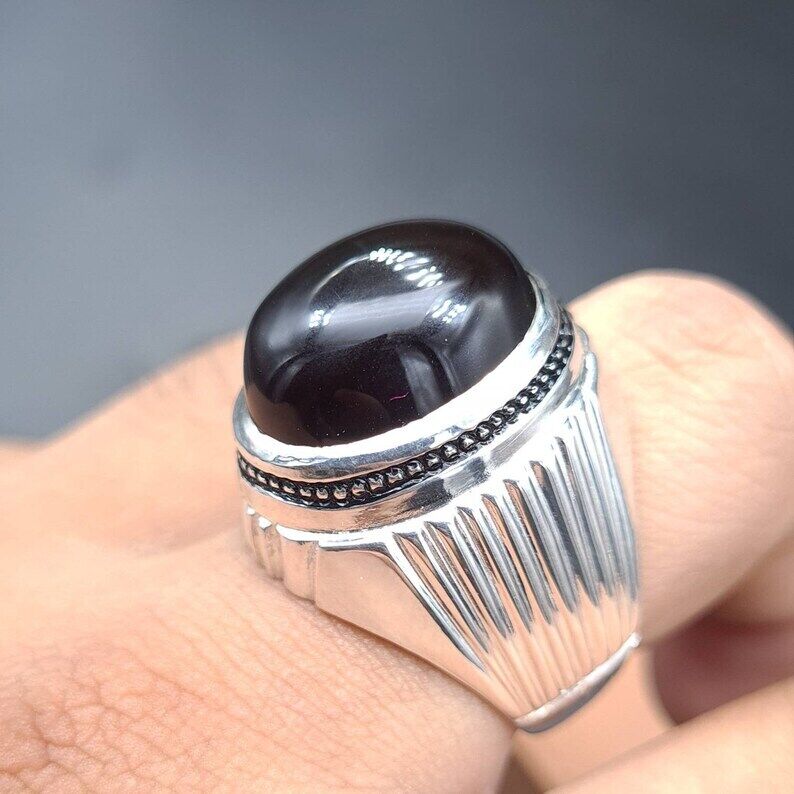 Yemeni Aqeeq Ring Shefat Al Abad Al Habshi Black Aqeeq Yemeni Kabadi Aqeeq Agate Sterling Silver 925 (Premium Quality) - Heavenly Gems
