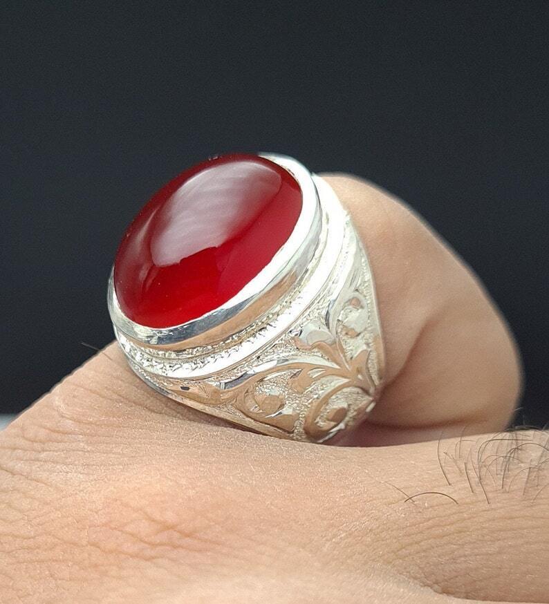 Mens Deep Blood Red Shifat al Abad Yemeni Aqeeq Ring Aqeeq agate Ring Akik Ring 925 Sterling Silver - Heavenly Gems