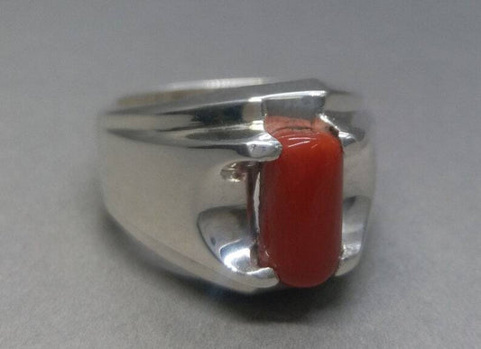 Natural Unheated Untreated Deep Red Coral Mens Ring Sterling Silver 925 Ring - Heavenly Gems