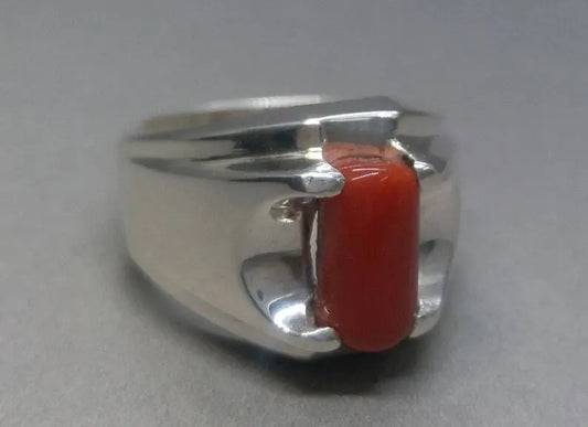 Natural Unheated Untreated Deep Red Coral Mens Ring Sterling Silver 925 Ring - Heavenly Gems