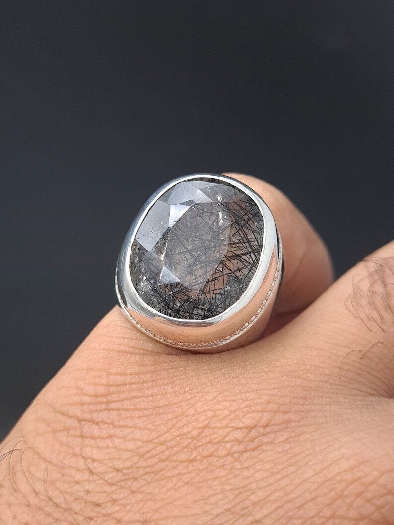 Natural Muh e Najaf Mens Sterling Silver 925 Handmade Ring Rutilated Quartz Ring - Heavenly Gems