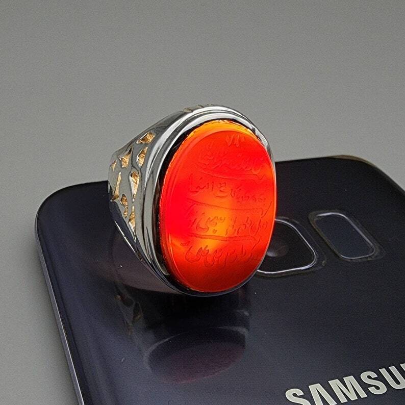 Naad-e-Ali Written Yemeni aqeeq ring | Mens Agate ring | Real yamani aqeeq rings|925 Sterling Silver Ring - Heavenly Gems