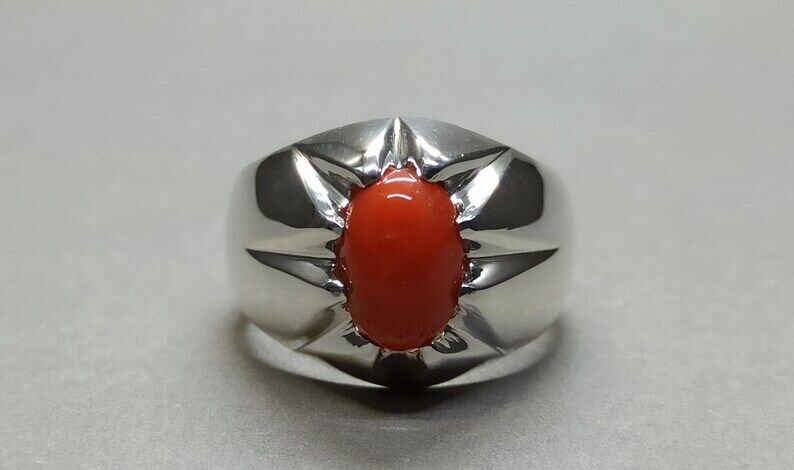 Natural Deep Red Australian Coral Mens Ring Sterling Silver 925 Dark Red marjan - Heavenly Gems