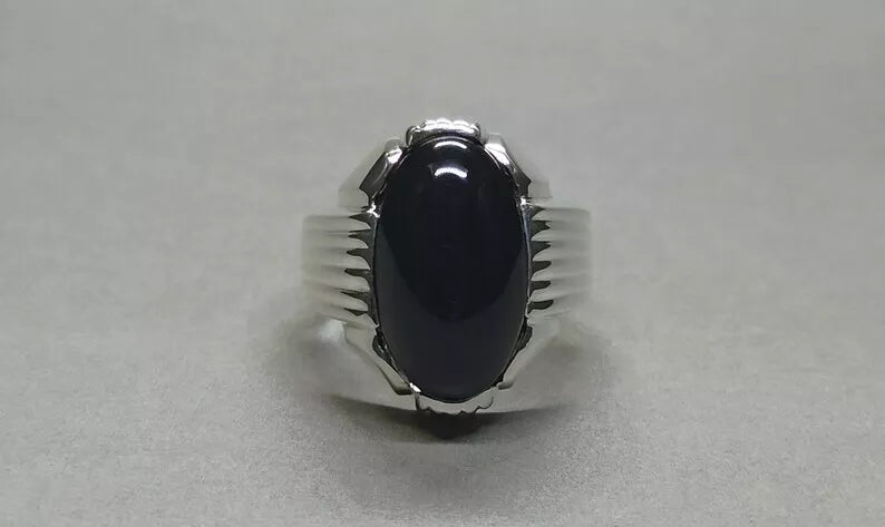 Men's Natural Unheated Untreated Black Onyx Ring - Sterling Silver 925 Agate Gemstone - Heavenly Gems