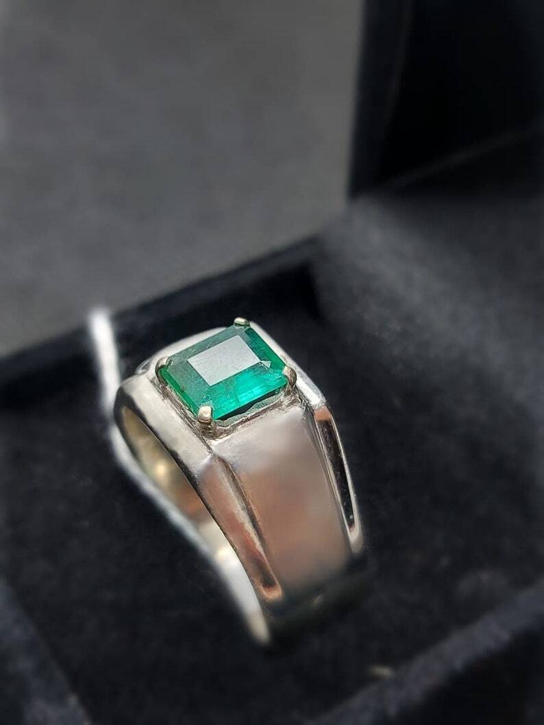 Natural Vivid Green Emerald Mens Ring Sterling Silver 925 Ring Handmade Emerald - Heavenly Gems
