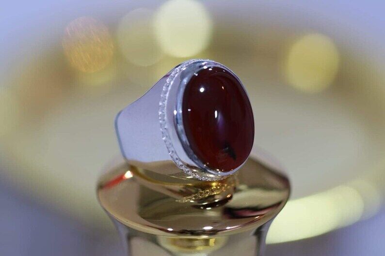 Blood Red Yemeni Oval Cut Aqeeq Ring Beautiful Handmade Jewelry Ring Mens Real Jewellery - Heavenly Gems