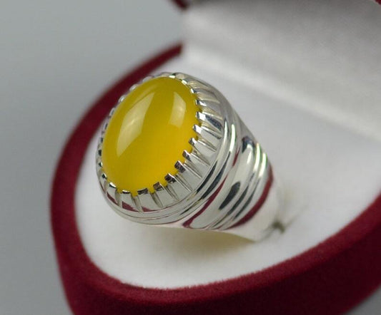 Oval Shape Zard Aqeeq Sterling Silver 925 Yellow Onyx Ring Yellow Carnelian Ring - Heavenly Gems