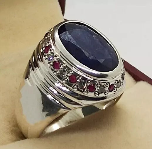 Oval Cut Natural 8 Carat Blue Sapphire Unisex Ring Sterling Silver 925 Hamdmade - Heavenly Gems