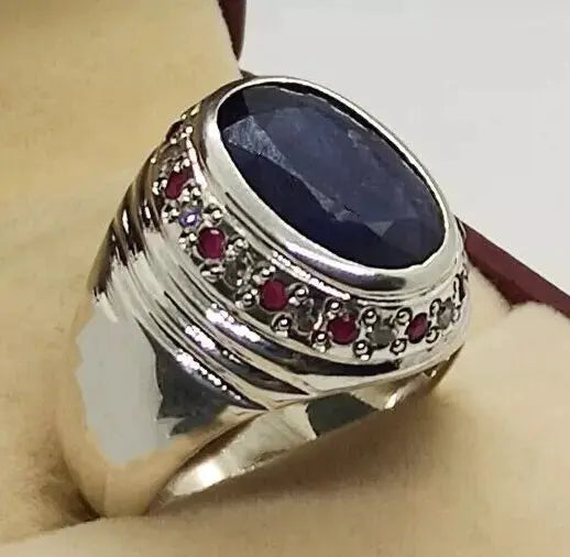 Oval Cut Natural 8 Carat Blue Sapphire Unisex Ring Sterling Silver 925 Hamdmade - Heavenly Gems