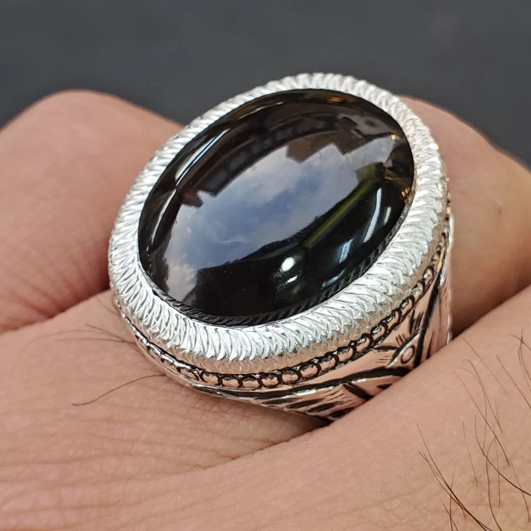Mens Black Aqeeq Ring natural Agate Ring Oval Cut for Men Shifat Al Abad real Yemeni Aqeeq Ring - Heavenly Gems