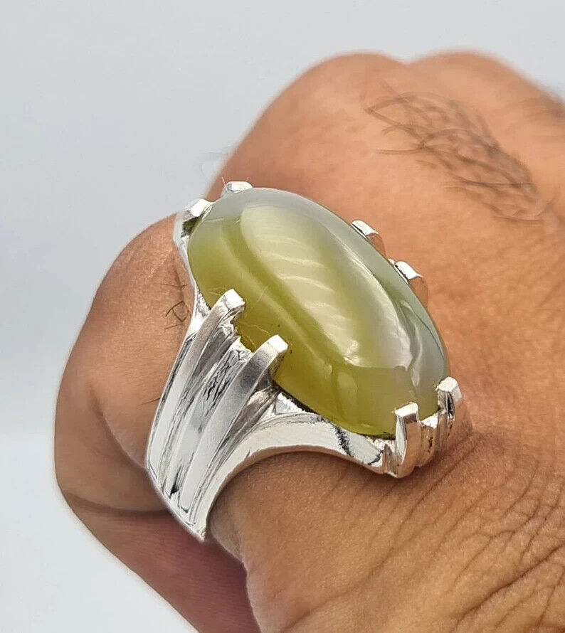 Imran khan ring natural aqeeq agate akik hakik stone ring men agate silver bague 925 Sterling Silver - Heavenly Gems