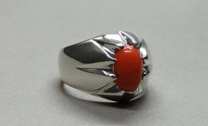 Natural Deep Red Australian Coral Mens Ring Sterling Silver 925 Dark Red marjan - Heavenly Gems