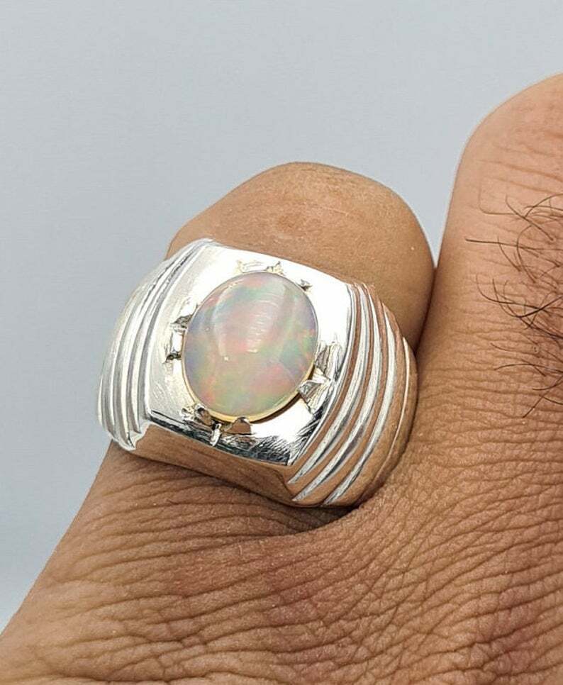 Mens Opal Ring Beautiful Natural Australian opal jewelry easter gifts mens ring - Heavenly Gems