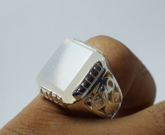 Yemeni Aqeeq Ring Deep White Agate Bague Mens Sterling Silver Handmade Rings925 - Heavenly Gems