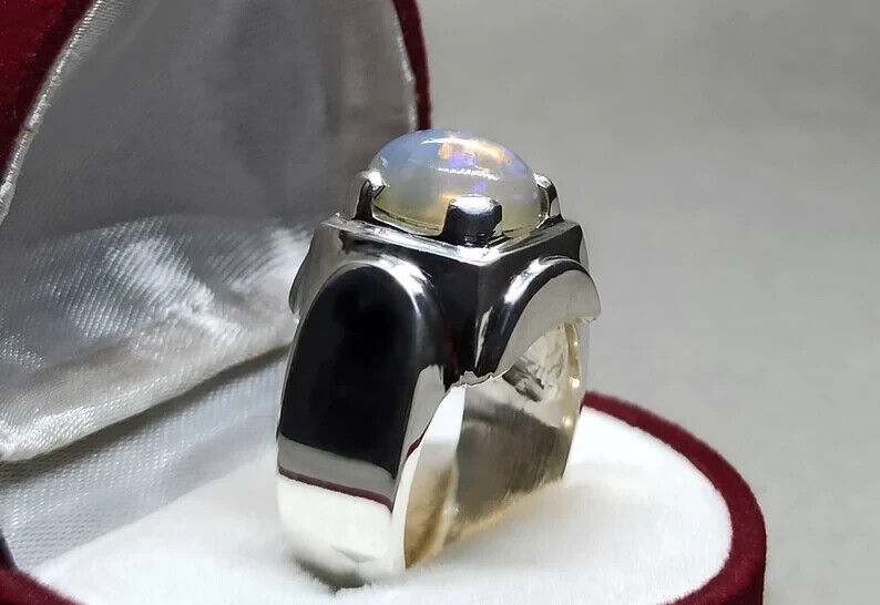 3 Carat Natural Ethiopian Fire Opal Ring 925 Sterling Silver Handmade Mens Ring - Heavenly Gems