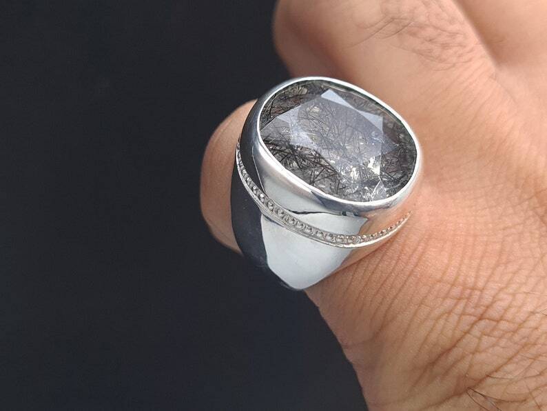 Natural Muh e Najaf Mens Sterling Silver 925 Handmade Ring Rutilated Quartz Ring - Heavenly Gems
