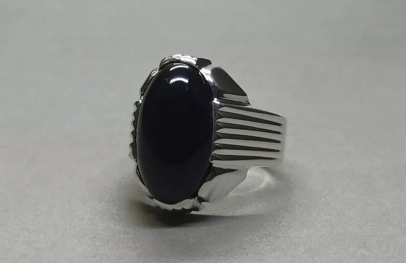 Men's Natural Unheated Untreated Black Onyx Ring - Sterling Silver 925 Agate Gemstone - Heavenly Gems