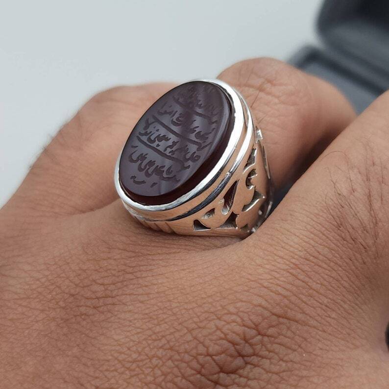 Naad-e-Ali Written Yemeni aqeeq ring | Mens Agate ring | Real yamani aqeeq rings|925 Sterling Silver Ring - Heavenly Gems