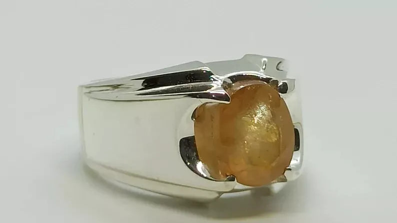 Natural Yellow Sapphire Men's Ring - Sterling Silver 925 Handmade Pukhraj Ring - Heavenly Gems