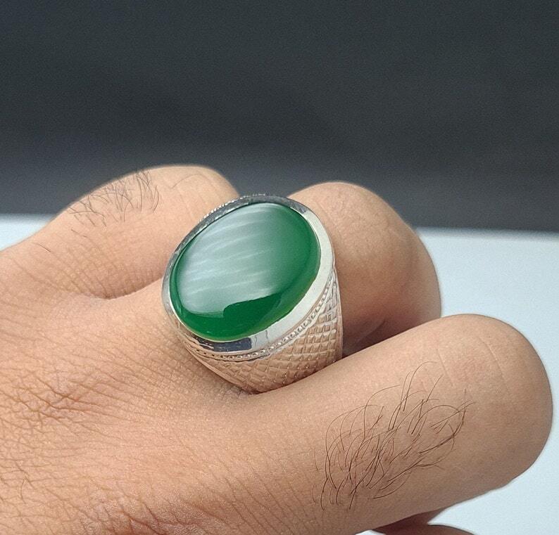 Rare Unheated Green Yemeni aqeeq ring for men Natural Yamani hakik rings Real Sterling Silver 925 - Heavenly Gems