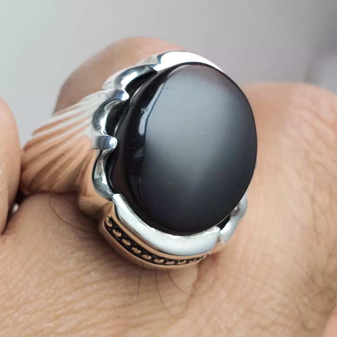 Mens Black Aqeeq Ring Oval Cut natural Agate Ring for Men Shifat Al Abad Yemeni Aqeeq Ring 925 Sterling Silver - Heavenly Gems
