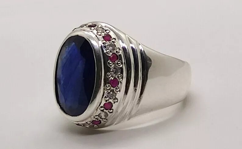 Oval Cut Natural 8 Carat Blue Sapphire Unisex Ring Sterling Silver 925 Hamdmade - Heavenly Gems