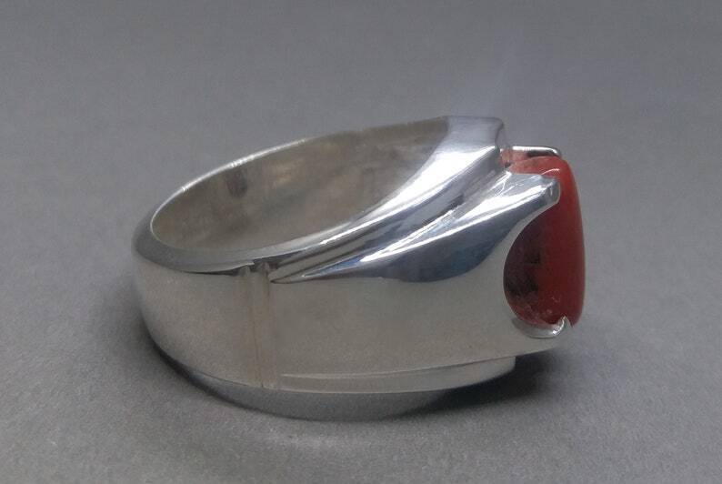 Natural Unheated Untreated Deep Red Coral Mens Ring Sterling Silver 925 Ring - Heavenly Gems