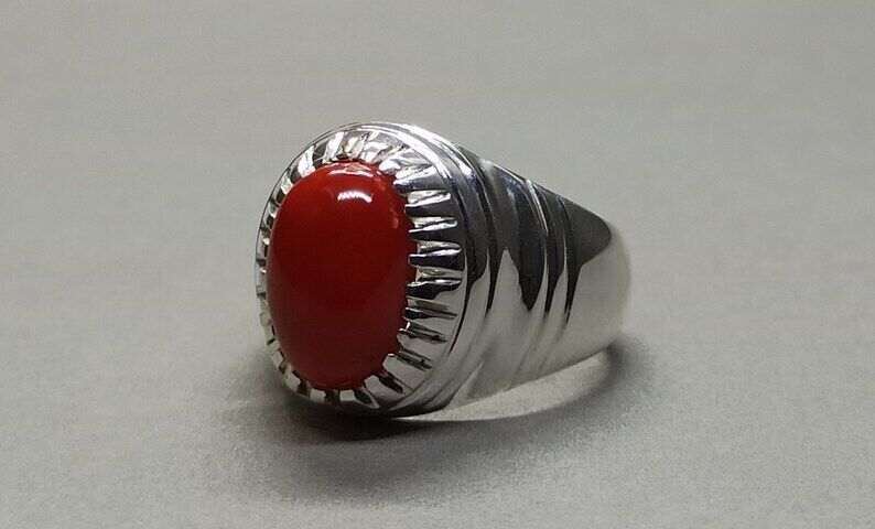 Natural Deep Red Australian Coral Mens Ring Sterling Silver 925 Dark Red ring - Heavenly Gems