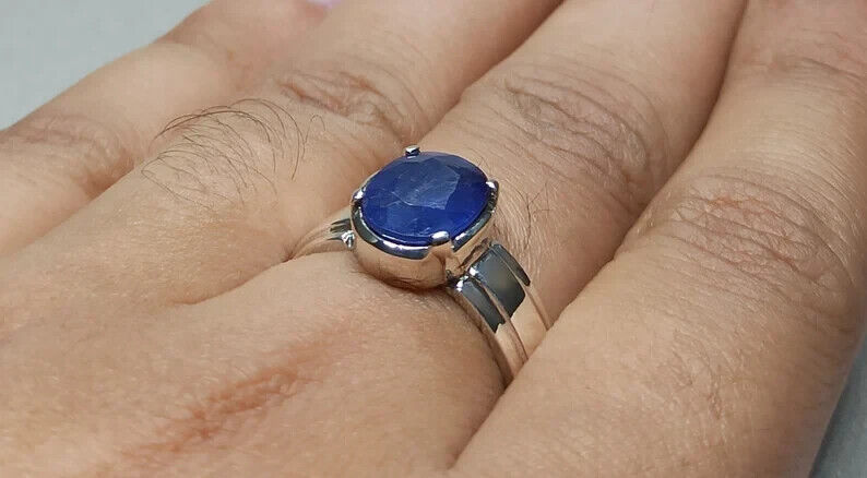 4.4 Carat Blue Sapphire Ring Sterling Silver 925 Handmade Neelam Ring September - Heavenly Gems