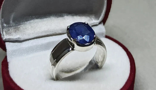 4.4 Carat Blue Sapphire Ring Sterling Silver 925 Handmade Neelam Ring September - Heavenly Gems