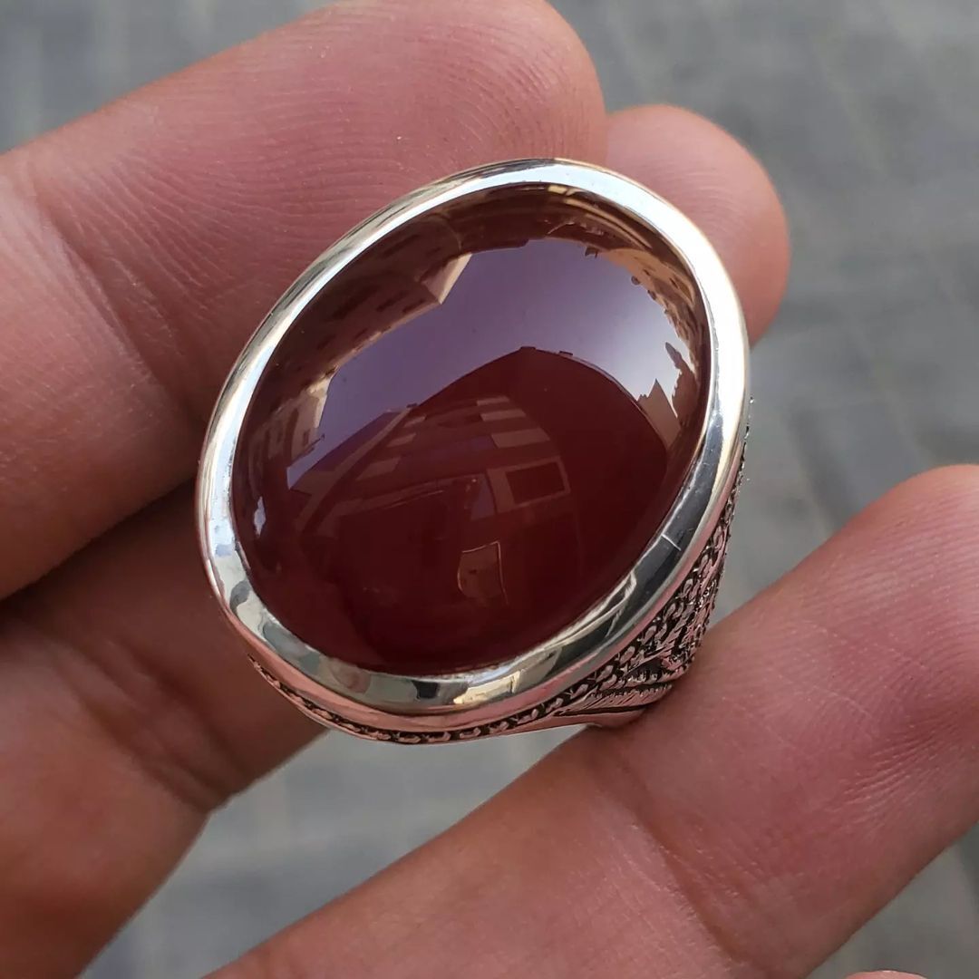 Mens aqeeq ring natural brown red agate bague modern aqeeq ring design men real - Heavenly Gems
