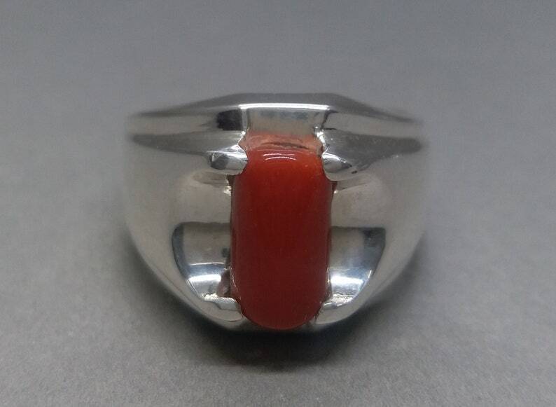 Natural Unheated Untreated Deep Red Coral Mens Ring Sterling Silver 925 Ring - Heavenly Gems