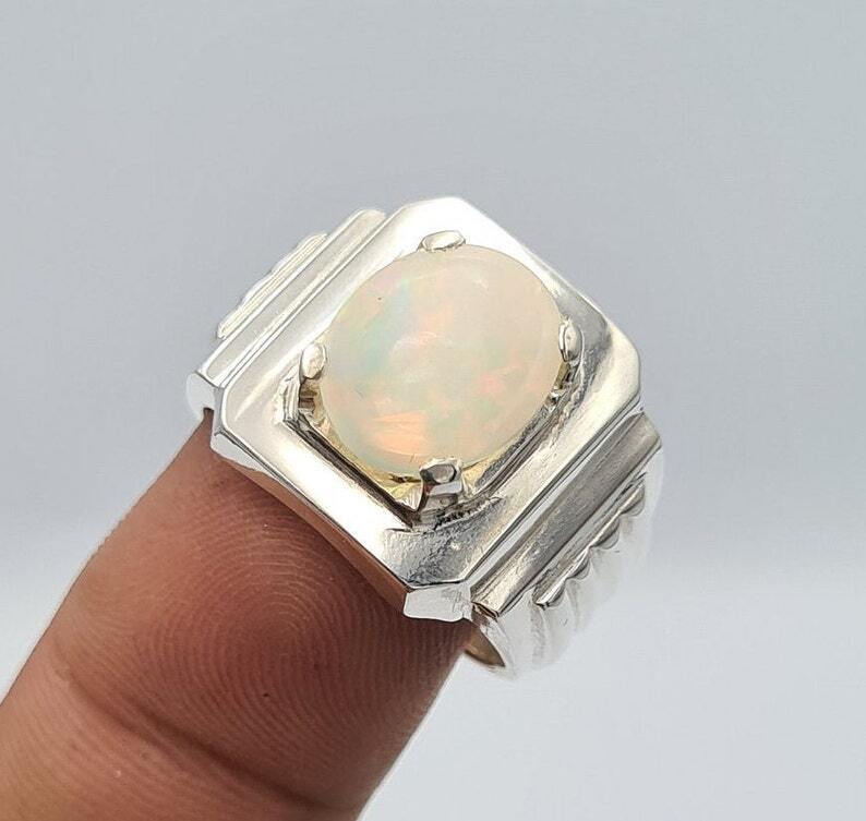 opal ring natural white opal australian handmade jewelry sterling silver ring - Heavenly Gems