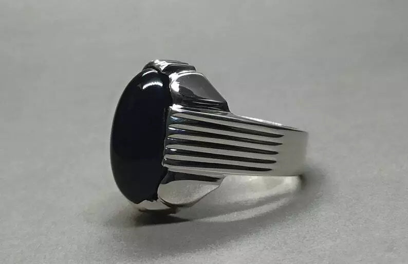 Men's Natural Unheated Untreated Black Onyx Ring - Sterling Silver 925 Agate Gemstone - Heavenly Gems