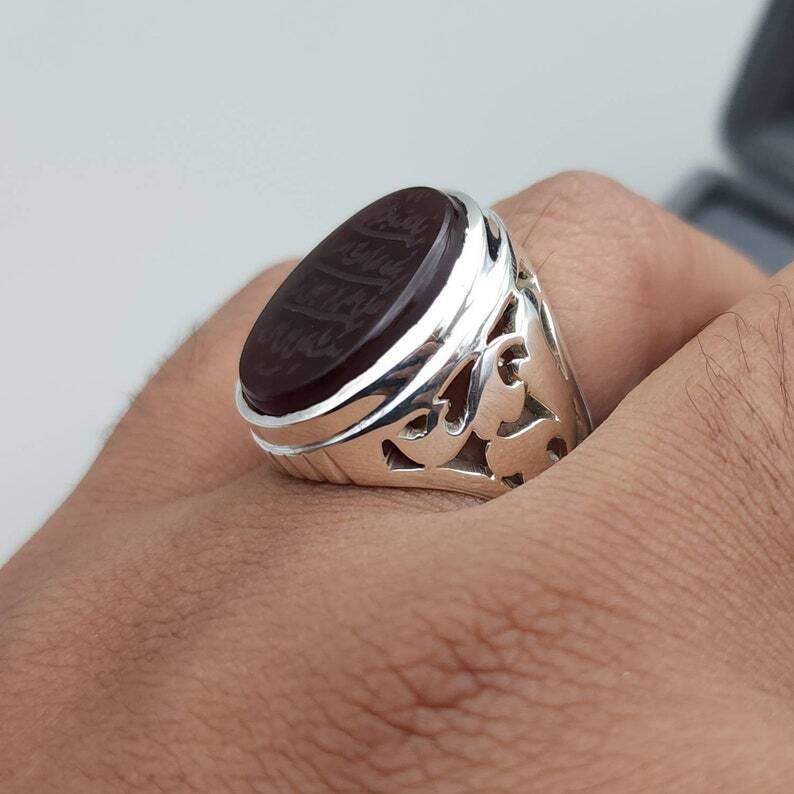 Naad-e-Ali Written Yemeni aqeeq ring | Mens Agate ring | Real yamani aqeeq rings|925 Sterling Silver Ring - Heavenly Gems