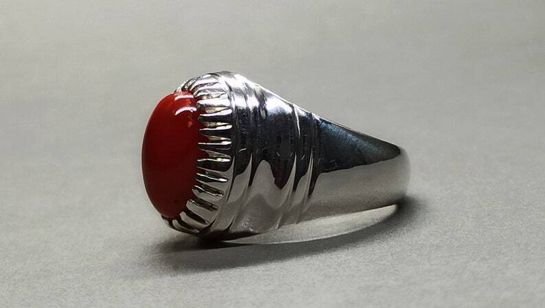 Natural Deep Red Australian Coral Mens Ring Sterling Silver 925 Dark Red ring - Heavenly Gems