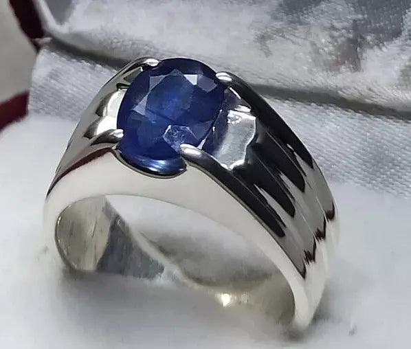 Natural 3.5 Carat Deep Blue Sapphire Mens Ring Sterling Silver 925 Handmade ring - Heavenly Gems