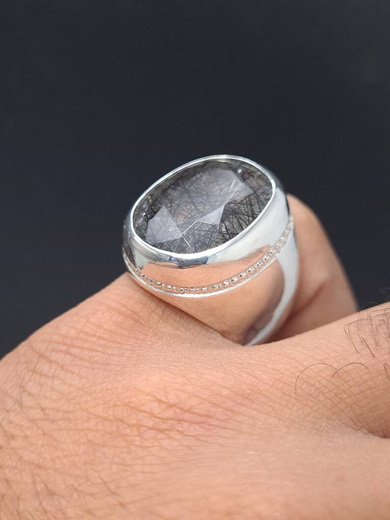 Natural Muh e Najaf Mens Sterling Silver 925 Handmade Ring Rutilated Quartz Ring - Heavenly Gems