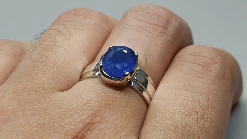 4.4 Carat Blue Sapphire Ring Sterling Silver 925 Handmade Neelam Ring September - Heavenly Gems