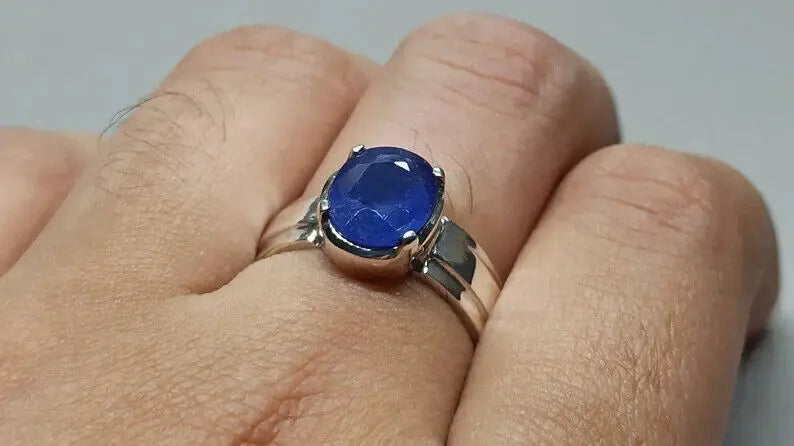 4.4 Carat Blue Sapphire Ring Sterling Silver 925 Handmade Neelam Ring September - Heavenly Gems