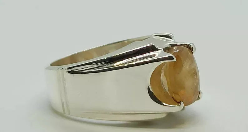 Natural Yellow Sapphire Men's Ring - Sterling Silver 925 Handmade Pukhraj Ring - Heavenly Gems