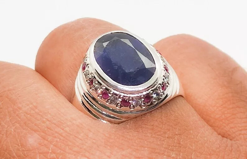 Oval Cut Natural 8 Carat Blue Sapphire Unisex Ring Sterling Silver 925 Hamdmade - Heavenly Gems