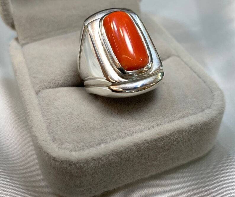 Natural Mens Red Coral Ring Sterling Silver 925 Handmade Ring High Quality Coral - Heavenly Gems