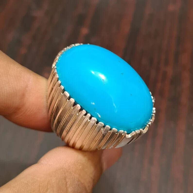 Mens Big Feroza ring in real sterling silver 925 Mens Jambo size Turquoise Ring - Heavenly Gems