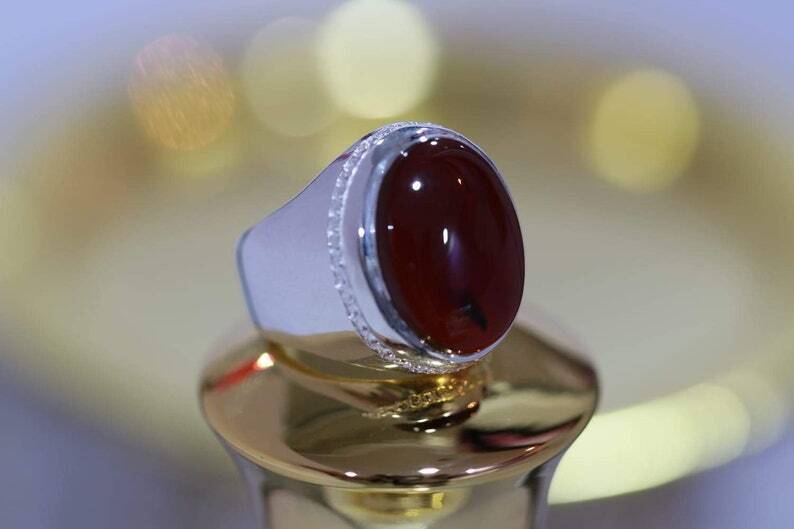 Blood Red Yemeni Oval Cut Aqeeq Ring Beautiful Handmade Jewelry Ring Mens Real Jewellery - Heavenly Gems