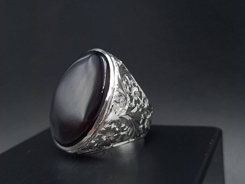 Mens Black Aqeeq Ring natural Agate Ring for Men Shifat Al Abad Yemeni Aqeeq Ring - Heavenly Gems