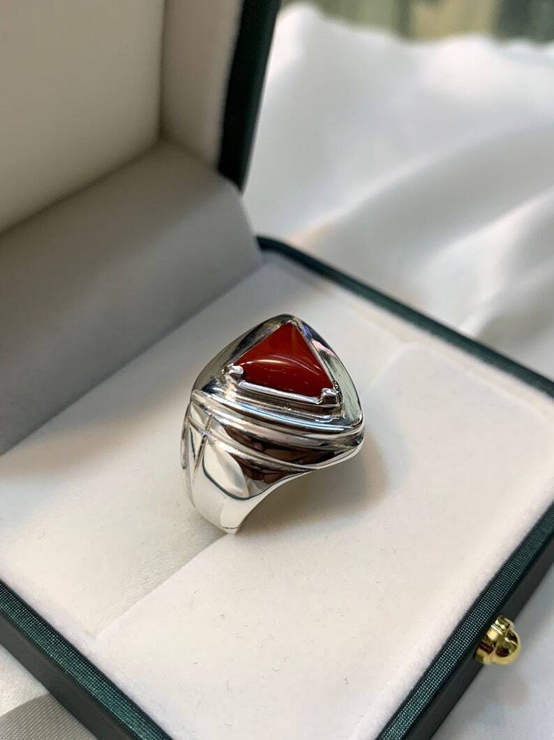 Natural Mens Womens Red Coral Ring Sterling Silver 925 HandCrafted marjan ring - Heavenly Gems