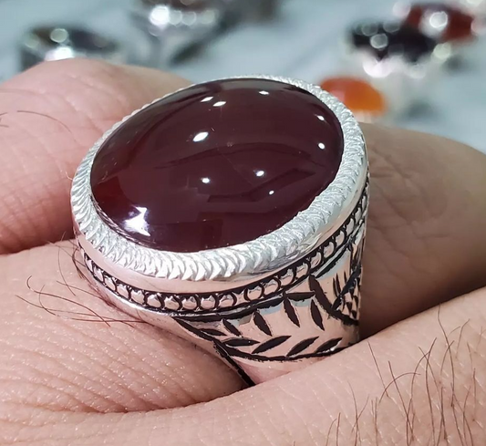 Mens Yemeni Aqeeq Ring Deep Blood Red Yamni Agate Ring For Man Natural Agate - Heavenly Gems